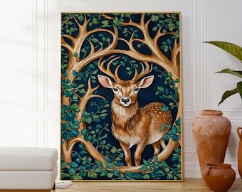 Deer Poster, Natural Digital Download Art Print, Wild Life Botanical Wall Art Decor, Green Forest Poster, Original Gift Idea, Home Wall Art