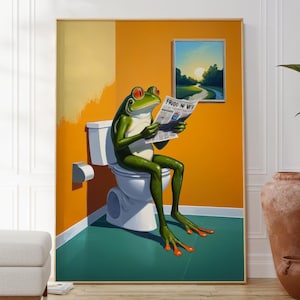 Frog on the Toilet Reading The Frog News Print, Hilarious Bathroom Wall Art Poster, Funny Toilet Decor, Original Wall Art, Unique Gift Idea