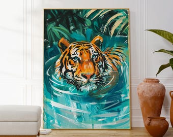 Digital Tiger Swimming Wall Art, Jungle Animal Printable Poster, Colourful Kids Room Decor, Instant Download For DIY Wall Art