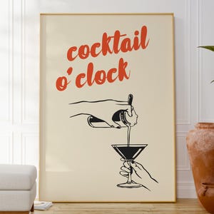 Póster imprimible de "Cóctel en punto", arte mural divertido para bar, ilustración de alcohol dibujada a mano, descarga instantánea, decoración para fiestas en la cocina