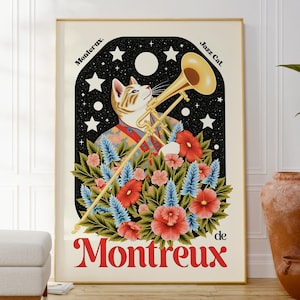 Póster de gato de jazz funky, arte mural vintage, impresión de festival de jazz, arte mural imprimible, arte mural musical digital, regalo para ella