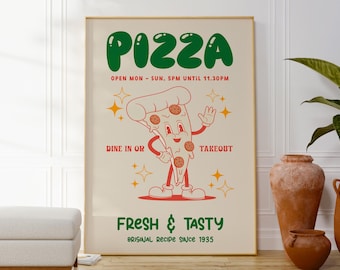 Póster digital de pizza vintage, arte rústico de comida italiana, decoración divertida para la pared de la cocina, ilustración de pizza dibujada a mano, descarga instantánea