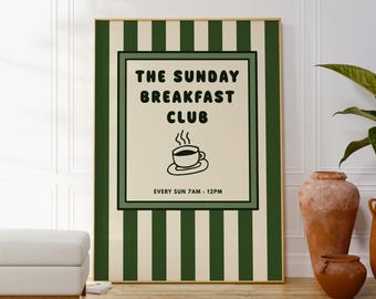 Hand-Drawn Brunch Quote Digital Poster, Sunday Coffee Art, Instant Kitchen Wall Decor for Food Lovers, Gift For Chef, Vintage Stripes