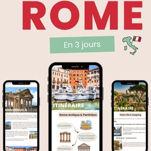 Peut inclure: Un guide pour visiter Rome en 3 jours, avec un itinéraire suggéré pour chaque jour. L'itinéraire comprend la visite du Colisée, du Forum romain, du mont Palatin, du Panthéon, de la fontaine de Trevi et plus encore.