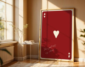 Romantisches Herz Ass Karte Druck: Moderne Liebe Wandkunst (Digitaler Download) 50 x 70 cm