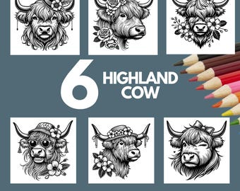 Highland Kuh Ausmalbilder zum Ausdrucken |  Longhorn druckbare Kunst | 6 ästhetische Highland Kuh Line Art | Digitaler Download