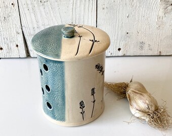 Ceramic Garlic Keeper with lavender imprint, a handmade lidded jar for the farmhouse kitchen