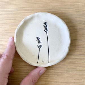 Ceramic trinket dish ring bowl with lavender imprint for the farmhouse style home