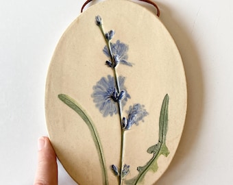 Botanical ceramic wall hanging with hand painted chicory imprint, a rustic pottery wall hanging for farmhouse decor