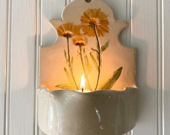 Botanical tea light luminary, a ceramic wall hanging candle holder with Calendula imprint for farmhouse decor