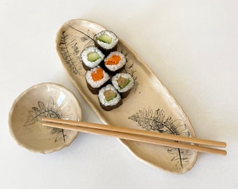 Sushi tray set with dipping bowl and chop sticks with fern imprint for the farmhouse kitchen