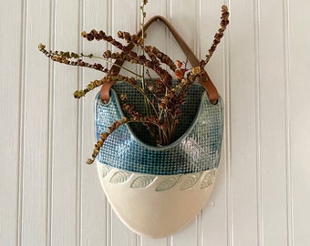 Decorative wall hanging flower vase, ceramic and leather hanging flower sconce for home decor