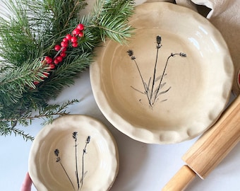 Decorative stoneware pie plate set with Lavender imprint for the farmhouse kitchen, white handmade pie dish