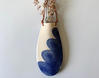 Decorative Wall Hanging Flower Vase in blue, Minimalist Ceramic and Leather Hanging Flower Sconce Decor