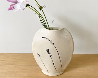 Modern ceramic flower vase with lavender imprint in white, a unique handmade decorative bud vase for modern farmhouse decor