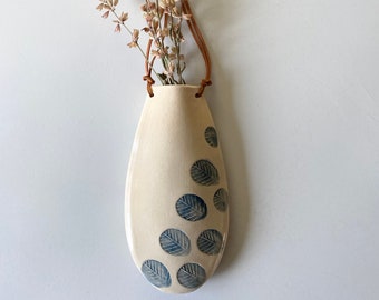 White Decorative Wall Hanging Flower Vase, Minimalist Ceramic and Leather Hanging Flower Sconce Decor