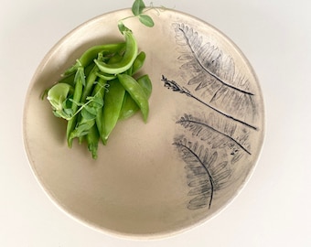 Ceramic noodle bowl set of two with fern imprint, white rustic farmhouse style fruit bowl