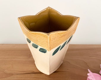 Large handmade ceramic vase with leaf detailing, a decorative centerpiece vase for the modern farmhouse