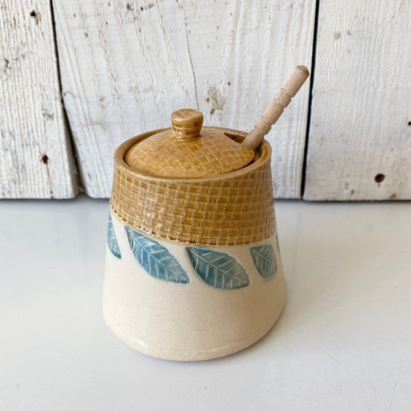 Ceramic honey pot with wood dipper with green leaf, handmade honey jar for tea time, a country kitchen accessory or hostess gift
