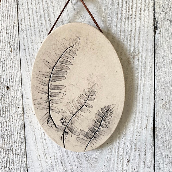 Botanical ceramic wall hanging with fern imprint, a rustic pottery wall hanging for farmhouse decor