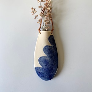 Decorative Wall Hanging Flower Vase in blue, Minimalist Ceramic and Leather Hanging Flower Sconce Decor