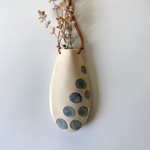 White Decorative Wall Hanging Flower Vase, Minimalist Ceramic and Leather Hanging Flower Sconce Decor Blue