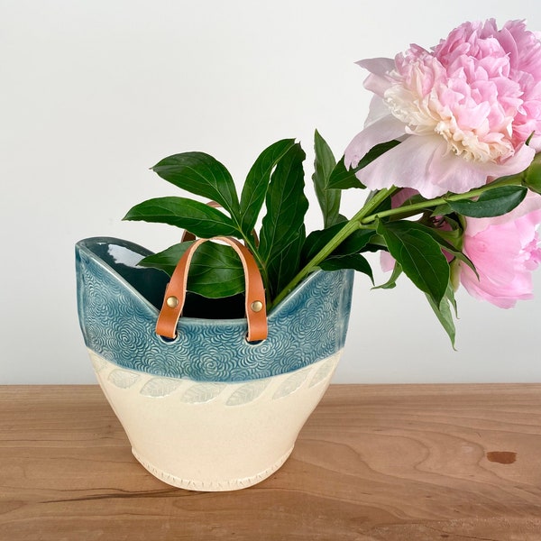 Large modern flower vase with leather handles, handmade white and teal decorative pottery vase or basket, for farmhouse decor