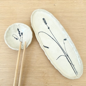 Sushi tray set with dipping bowl and chop sticks with lavender imprint for the farmhouse kitchen image 2