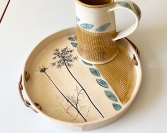 Round Ceramic Ottoman Coffee Tray, Kitchen Counter Tray and Catchall, Serving Platter with Leather Handles a Hostess Gift