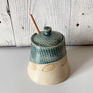 Handmade Ceramic Honey Pot with Wood Dipper: Brown Leaf Design