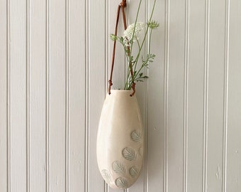 White Decorative Wall Hanging Flower Vase, Minimalist Ceramic and Leather Hanging Flower Sconce Decor