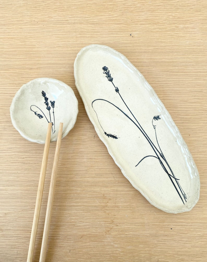 Sushi tray set with dipping bowl and chop sticks with lavender imprint for the farmhouse kitchen image 2