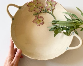 Large ceramic serving bowl with handles with botanicals, Farmhouse Handmade Pottery