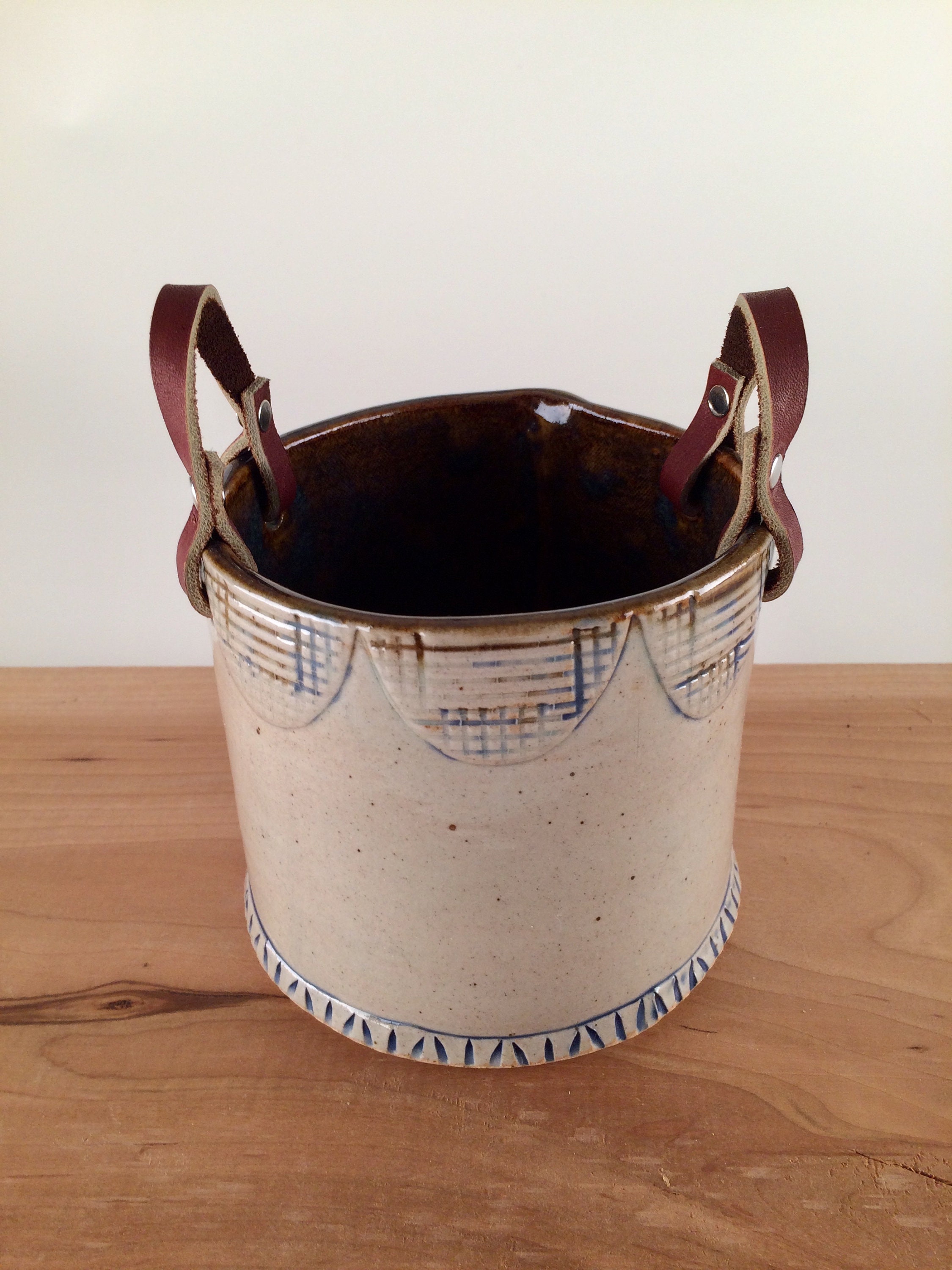 Ceramic Basket with Leather Handles