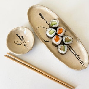 Sushi tray set with dipping bowl and chop sticks with lavender imprint for the farmhouse kitchen image 3