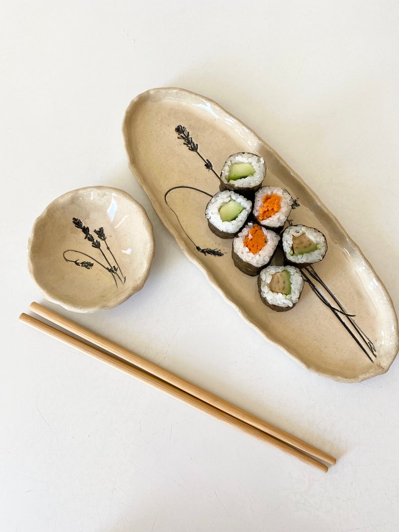 Sushi tray set with dipping bowl and chop sticks with lavender imprint for the farmhouse kitchen image 3