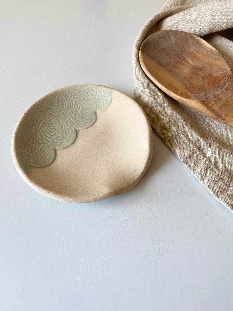 Handmade ceramic spoon rest in light teal for the farmhouse kitchen image 3