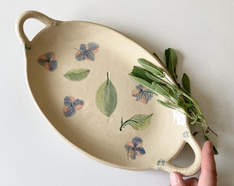 Ceramic tray with handles and hydrangea imprint for the farmhouse style home