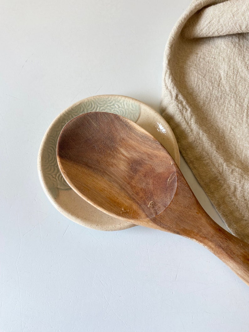 Handmade ceramic spoon rest in light teal for the farmhouse kitchen image 2