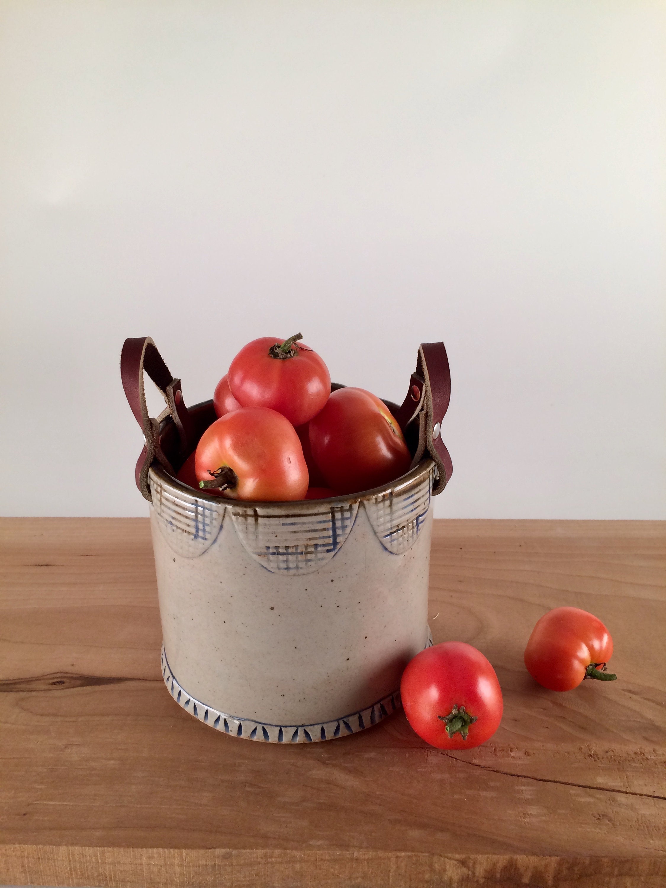 Ceramic Basket with Leather Handles