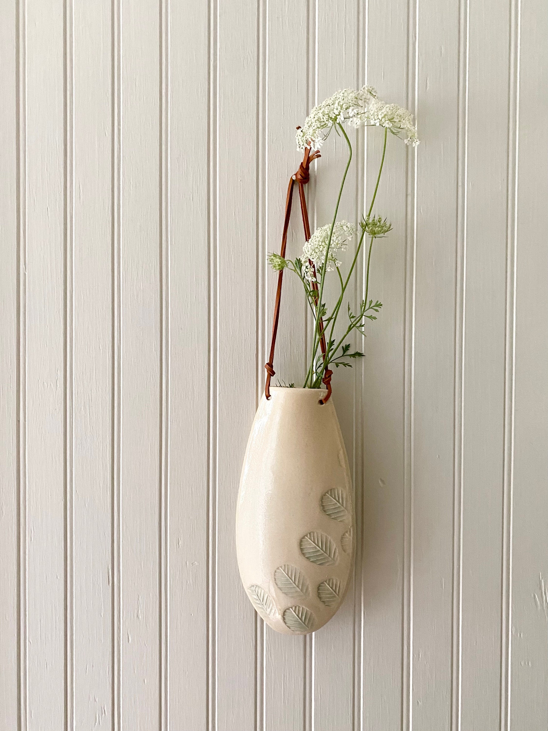 White Wall Hanging Flower Vase, Minimalist Ceramic and Leather Hanging Sconce Decor