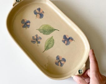 Ceramic serving tray with hydrangea imprint, a gift for weddings or a Hostess Gift