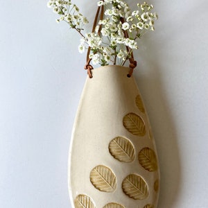 White Decorative Wall Hanging Flower Vase, Minimalist Ceramic and Leather Hanging Flower Sconce Decor Brown