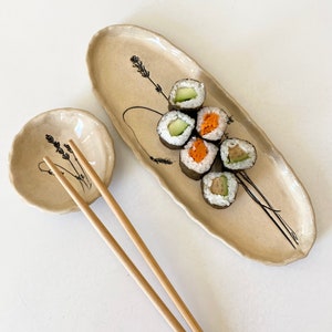 Sushi tray set with dipping bowl and chop sticks with lavender imprint for the farmhouse kitchen image 6
