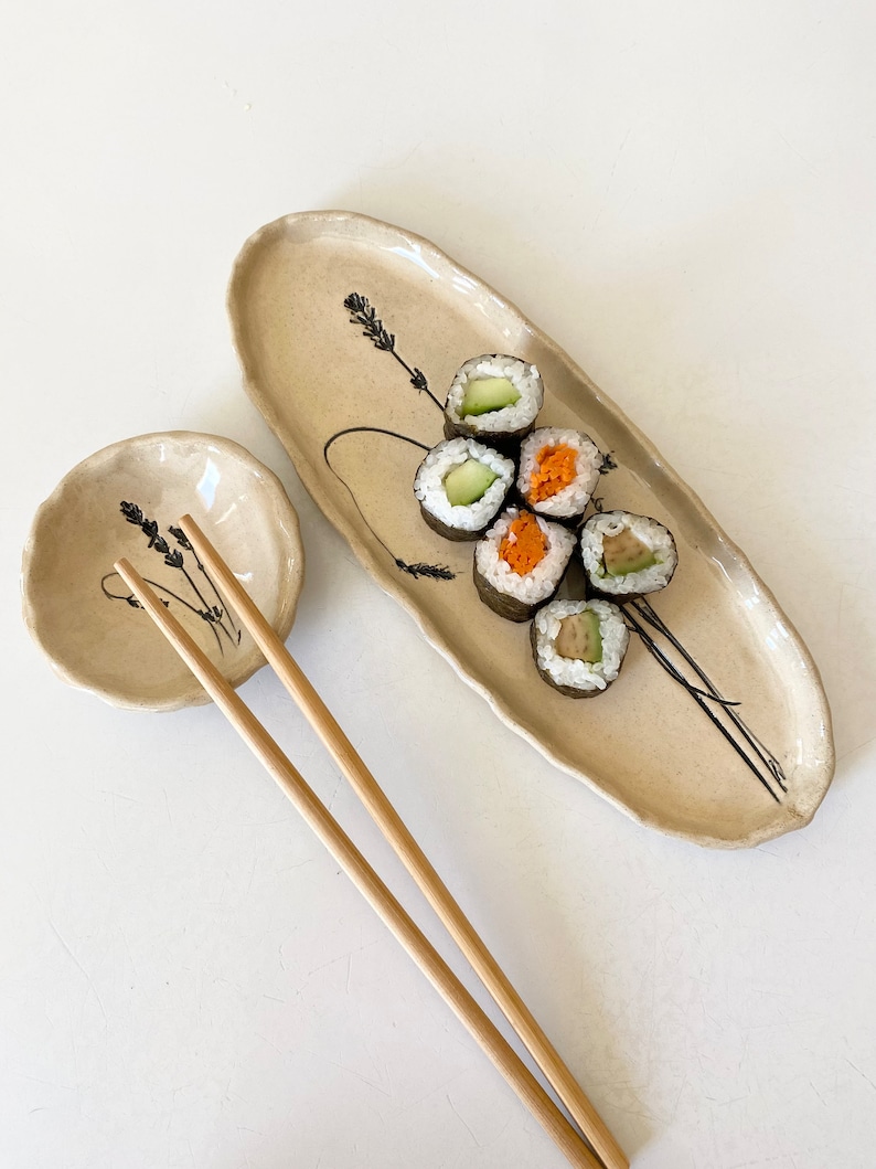 Sushi tray set with dipping bowl and chop sticks with lavender imprint for the farmhouse kitchen image 6