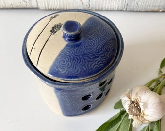 Ceramic Garlic Keeper with lavender imprint, a handmade lidded jar for the farmhouse kitchen