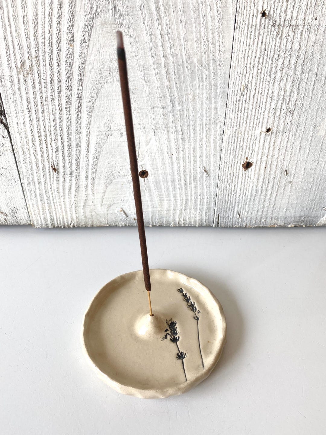 Round Ceramic Incense Holder With Lavender Imprint for the