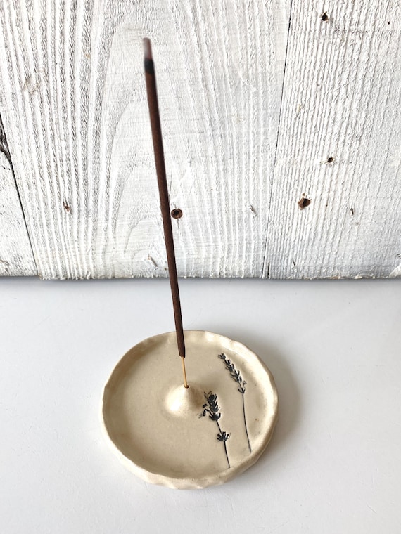 Round Ceramic Incense Holder With Lavender Imprint for the
