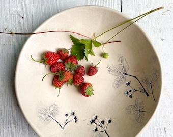 Ceramic Serving Bowl with strawberry imprint, decorative rustic wedding and housewarming pottery gift, a white fruit bowl