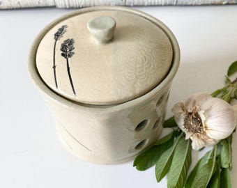 Ceramic Garlic Keeper with lavender imprint, a handmade lidded jar for the farmhouse kitchen